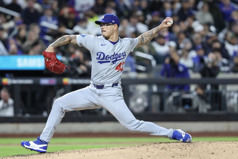 May 24, 2025; New York City, New York, USA;  Los Angeles Dodgers relief pitcher Anthony Banda (43) pitches in the sixth inning against the New York Mets at Citi Field. Mandatory Credit: Wendell Cruz-Imagn Images