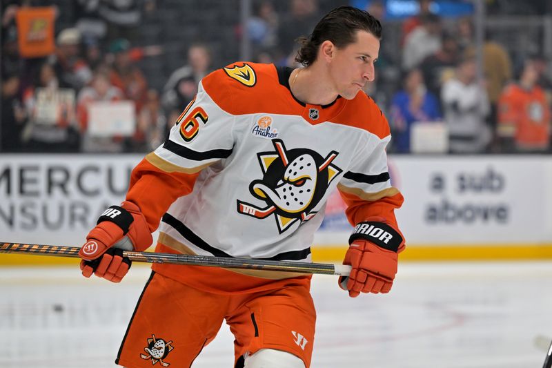 Dec 27, 2025; Los Angeles, California, USA;  Anaheim Ducks center Ryan Strome (16) warms up prior to the game against the Los Angeles Kings at Crypto.com Arena. Mandatory Credit: Jayne Kamin-Oncea-Imagn Images