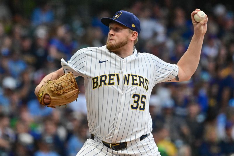 Sep 28, 2024; Milwaukee, Wisconsin, USA; Milwaukee Brewers starting pitcher Jared Koenig (35) pitches in the first inning against the New York Mets at American Family Field. Mandatory Credit: Benny Sieu-Imagn Images