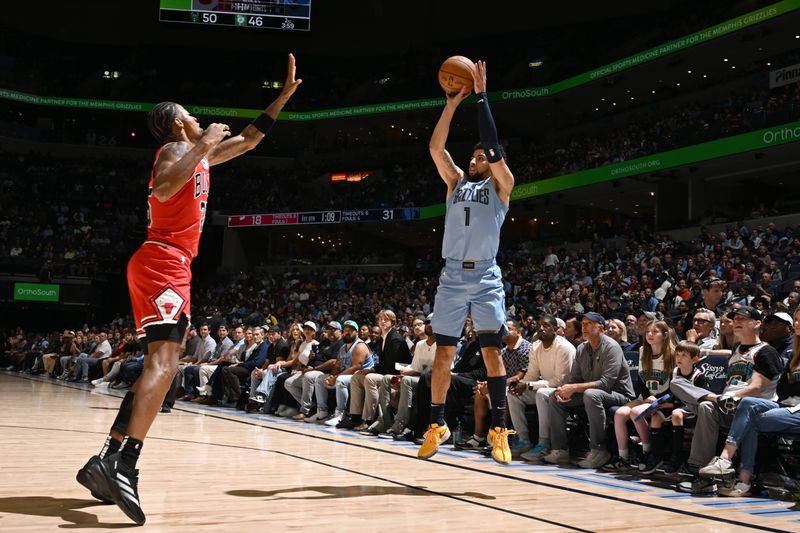 MEMPHIS, TN - OCTOBER 28: Scotty Pippen Jr. #1 of the Memphis Grizzlies shoots a three point basket during the game against the Chicago Bulls on October 28, 2024 at FedExForum in Memphis, Tennessee. NOTE TO USER: User expressly acknowledges and agrees that, by downloading and or using this photograph, User is consenting to the terms and conditions of the Getty Images License Agreement. Mandatory Copyright Notice: Copyright 2024 NBAE (Photo by Joe Murphy/NBAE via Getty Images)