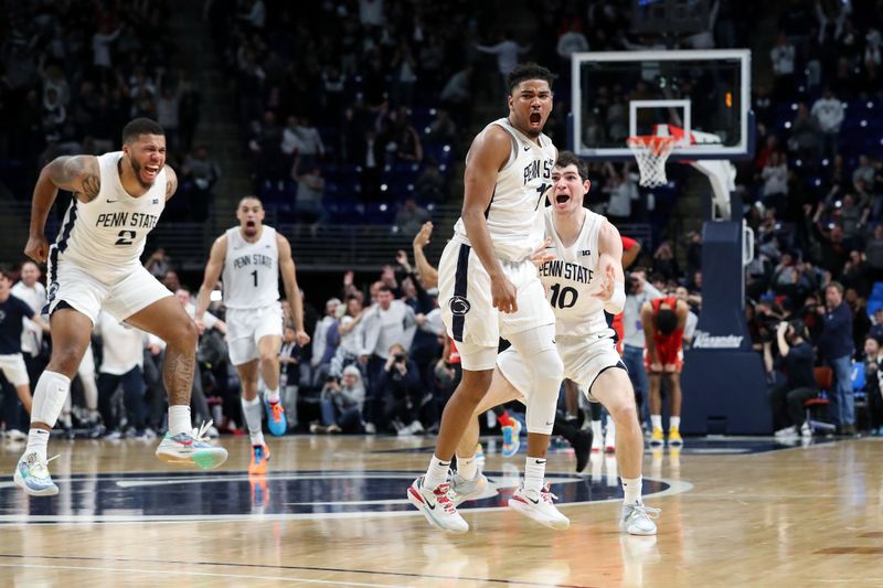 Mar 5, 2023; University Park, Pennsylvania, USA; Penn State Nittany Lions guard Camren Wynter (11) celebrates with teammates after a basket late in the second half against the Maryland Terrapins at Bryce Jordan Center. Mandatory Credit: Matthew OHaren-USA TODAY Sports