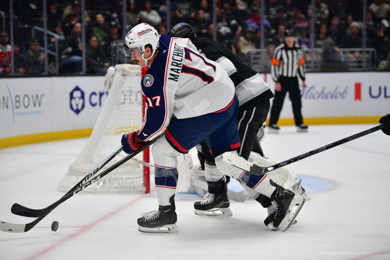 Dec 22, 2025; Los Angeles, California, USA; Columbus Blue Jackets left wing Mason Marchment (17) moves the puck against the Los Angeles Kings during the third period at Crypto.com Arena. Mandatory Credit: Gary A. Vasquez-Imagn Images