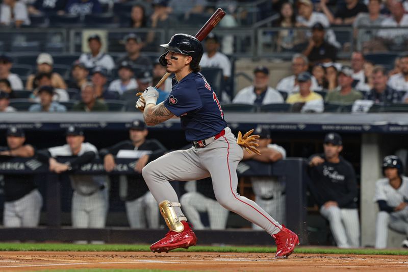 Sep 13, 2024; Bronx, New York, USA; Boston Red Sox center fielder Jarren Duran (16) singles during the first inning against the New York Yankees at Yankee Stadium. Mandatory Credit: Vincent Carchietta-Imagn Images