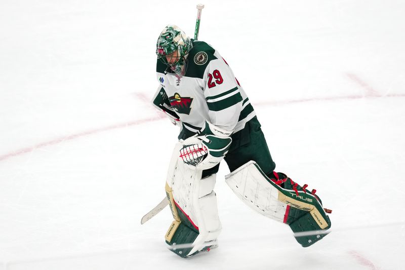 Apr 12, 2024; Las Vegas, Nevada, USA; Minnesota Wild goaltender Marc-Andre Fleury (29) leaves the ice after the Wild were defeated by the Vegas Golden Knights 7-2 at T-Mobile Arena. Mandatory Credit: Stephen R. Sylvanie-USA TODAY Sports