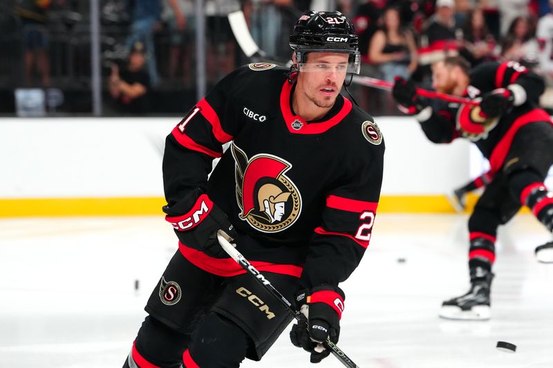 Oct 25, 2024; Las Vegas, Nevada, USA; Ottawa Senators center Nick Cousins (21) warms up before a game against the Vegas Golden Knights at T-Mobile Arena. Mandatory Credit: Stephen R. Sylvanie-Imagn Images