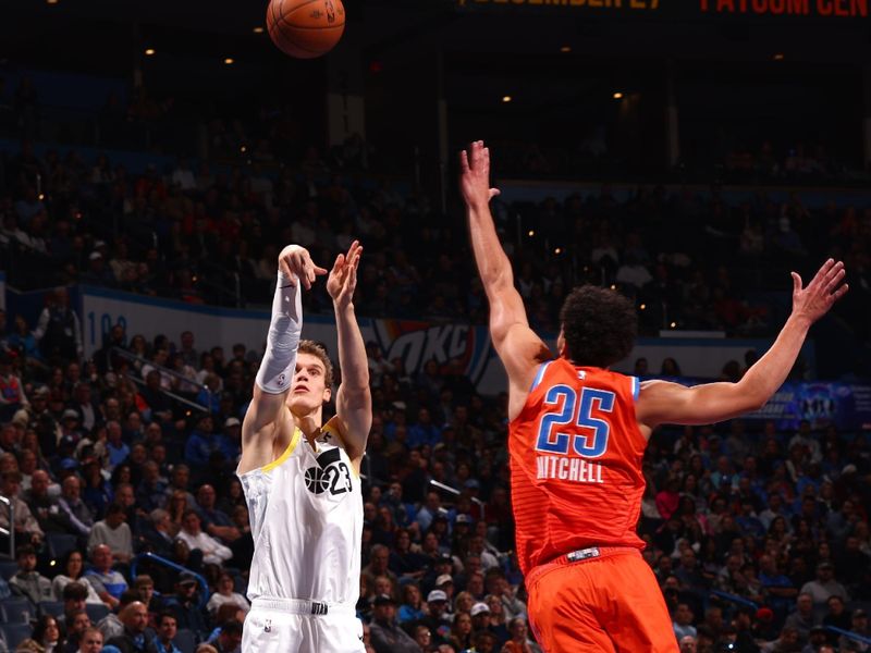 OKLAHOMA CITY, OK - DECEMBER 3: Lauri Markkanen #23 of the Utah Jazz shoots a three point basket during the game against the Oklahoma City Thunder during the Emirates NBA Cup game on on December 3, 2024 at Paycom Center in Oklahoma City, Oklahoma. NOTE TO USER: User expressly acknowledges and agrees that, by downloading and or using this photograph, User is consenting to the terms and conditions of the Getty Images License Agreement. Mandatory Copyright Notice: Copyright 2024 NBAE (Photo by Zach Beeker/NBAE via Getty Images)