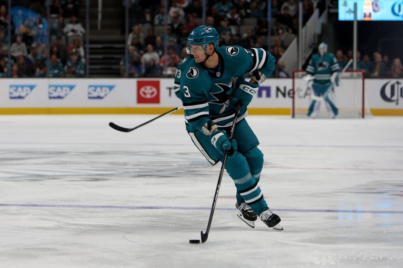 Nov 1, 2025; San Jose, California, USA; San Jose Sharks defenseman John Klingberg (3) advances the puck against the Colorado Avalanche during the first period at SAP Center at San Jose. Mandatory Credit: Dennis Lee-Imagn Images