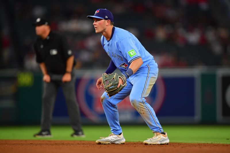 Aug 13, 2024; Anaheim, California, USA; Toronto Blue Jays second baseman Will Wagner (7) in position against the Los Angeles Angels during the fourth inning at Angel Stadium. Mandatory Credit: Gary A. Vasquez-USA TODAY Sports