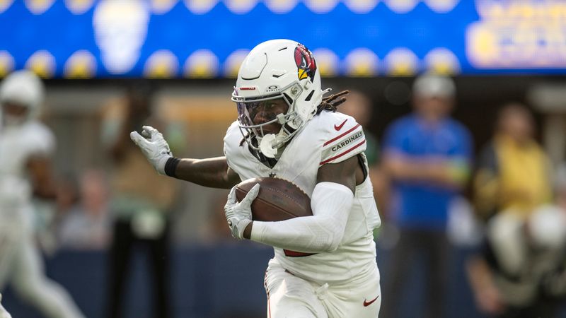 Arizona Cardinals wide receiver Marquise Brown (2) runs with the ball during an NFL football game against the Los Angeles Rams, Sunday, Oct. 15, 2023, in Inglewood, Calif. (AP Photo/Kyusung Gong)