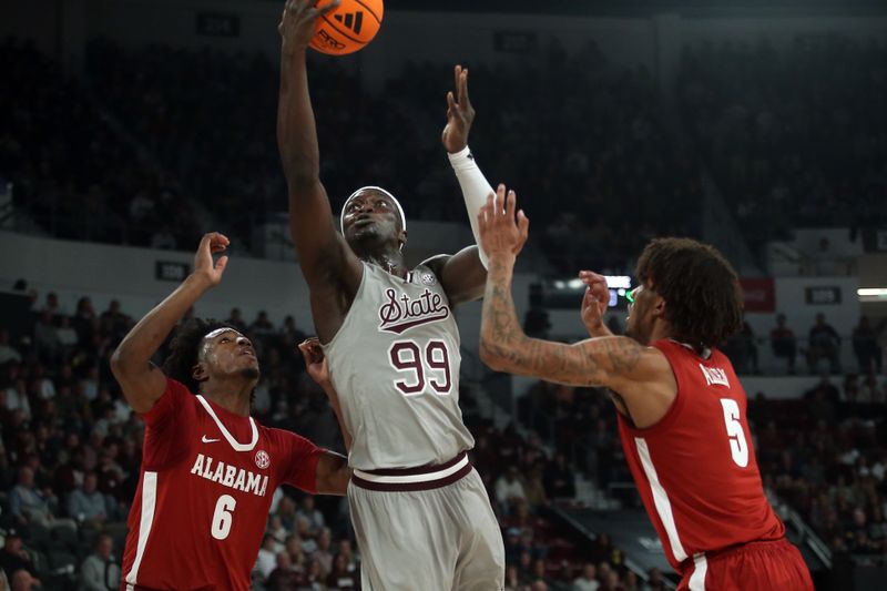 Jan 13, 2026; Starkville, Mississippi, USA; Mississippi State Bulldogs forward Achor Achor (99) drives to the basket between  Alabama Crimson Tide forward London Jemison (6) and forward Amari Allen (5) during the first half at Humphrey Coliseum. Mandatory Credit: Petre Thomas-Imagn Images