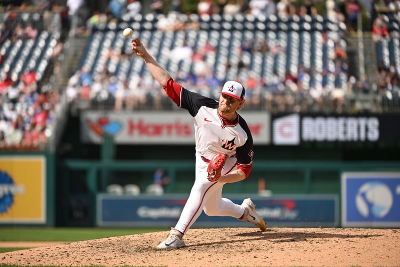 Sep 1, 2024; Washington, District of Columbia, USA; Washington Nationals relief pitcher Zach Brzykcy (66) throws a pitch during his Major League debut against the Chicago Cubs during the ninth inning at Nationals Park. Mandatory Credit: Rafael Suanes-USA TODAY Sports