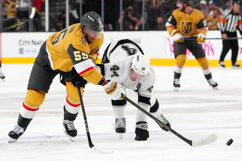 Oct 22, 2024; Las Vegas, Nevada, USA; Los Angeles Kings defenseman Mikey Anderson (44) attempts to block a shot attempt by Vegas Golden Knights right wing Keegan Kolesar (55) during the second period at T-Mobile Arena. Mandatory Credit: Stephen R. Sylvanie-Imagn Images