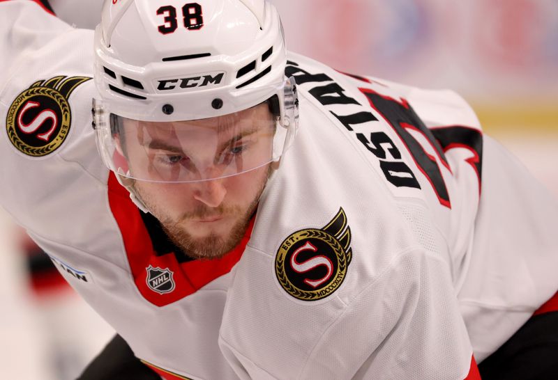 Nov 5, 2024; Buffalo, New York, USA;  Ottawa Senators center Zack Ostapchuk (38) waits for the face-off during the first period against the Buffalo Sabres at KeyBank Center. Mandatory Credit: Timothy T. Ludwig-Imagn Images