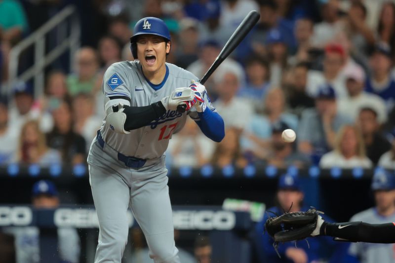 May 5, 2025; Miami, Florida, USA; Los Angeles Dodgers designated hitter Shohei Ohtani (17) reacts during his at bat against the Miami Marlins during the third inning at loanDepot Park. Mandatory Credit: Sam Navarro-Imagn Images