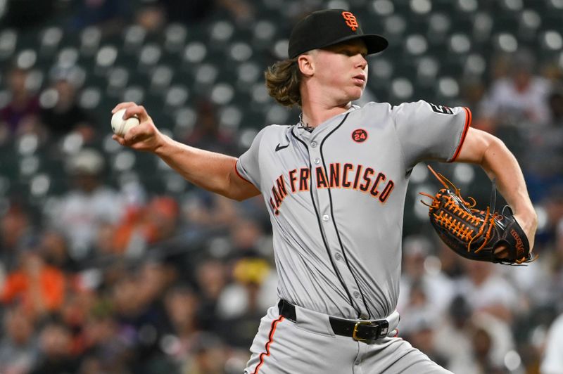 Sep 18, 2024; Baltimore, Maryland, USA;  San Francisco Giants pitcher Hayden Birdsong (60) throws a first inning pitch against the Baltimore Orioles at Oriole Park at Camden Yards. Mandatory Credit: Tommy Gilligan-Imagn Images