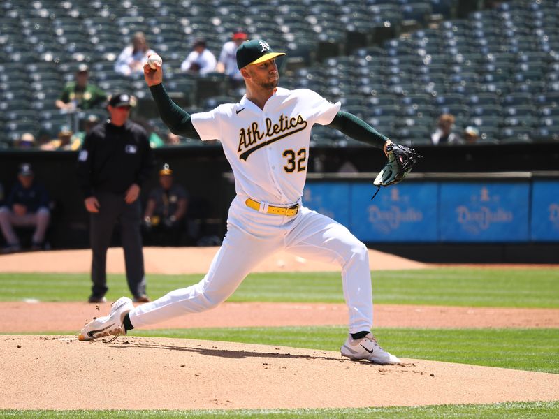 May 31, 2023; Oakland, California, USA; Oakland Athletics starting pitcher James Kaprielian (32) pitches the ball against the Atlanta Braves during the first inning at Oakland-Alameda County Coliseum. Mandatory Credit: Kelley L Cox-USA TODAY Sports