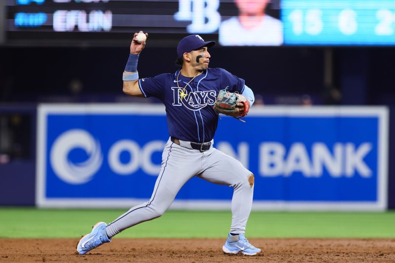 Jun 5, 2024; Miami, Florida, USA; Tampa Bay Rays shortstop Jose Caballero (7) throws to first base and retires Miami Marlins left fielder Nick Gordon (not pictured) during the first inning at loanDepot Park. Mandatory Credit: Sam Navarro-USA TODAY Sports