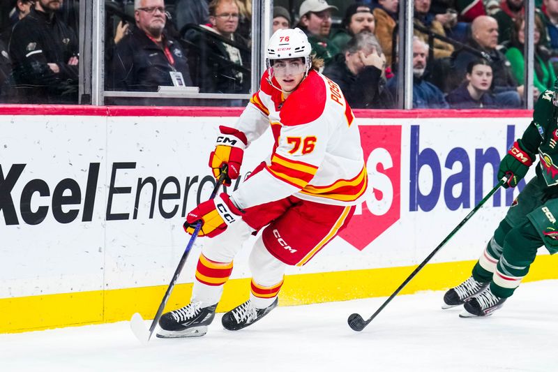 Jan 2, 2024; Saint Paul, Minnesota, USA; Calgary Flames center Martin Pospisil (76) looks to pass during the first period against the Minnesota Wild at Xcel Energy Center. Mandatory Credit: Brace Hemmelgarn-USA TODAY Sports