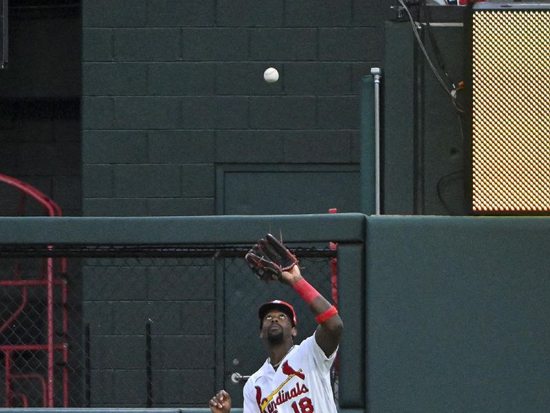 Aug 15, 2023; St. Louis, Missouri, USA;  St. Louis Cardinals right fielder Jordan Walker (18) catches a fly ball against the Oakland Athletics during the third inning at Busch Stadium. Mandatory Credit: Jeff Curry-USA TODAY Sports