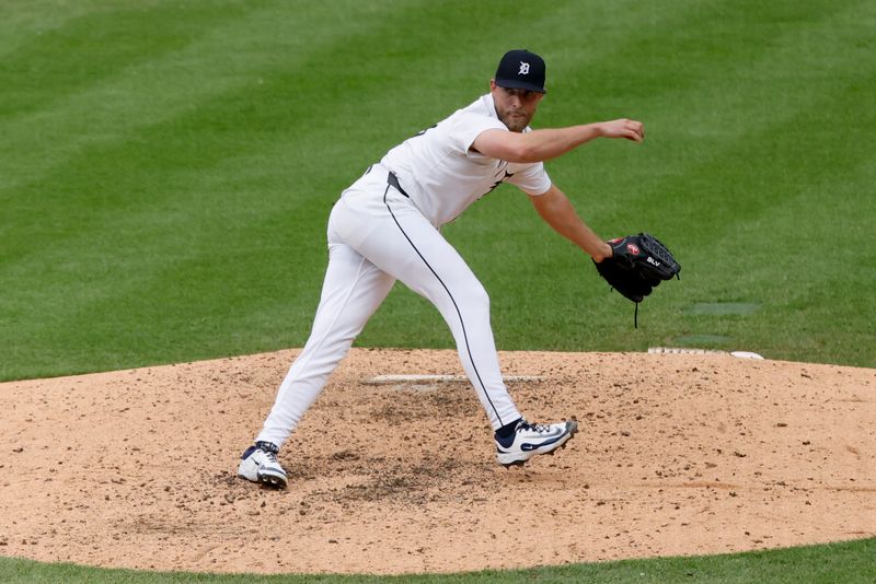 Jun 26, 2025; Detroit, Michigan, USA;  Detroit Tigers pitcher Will Vest (19) pitches in the ninth inning against the Athletics at Comerica Park. Mandatory Credit: Rick Osentoski-Imagn Images