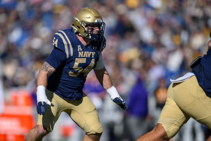 Nov 18, 2023; Annapolis, Maryland, USA; Navy Midshipmen linebacker Will Harbour (54) looks on during the first quarter against the East Carolina Pirates at Navy-Marine Corps Memorial Stadium. Mandatory Credit: Reggie Hildred-USA TODAY Sports