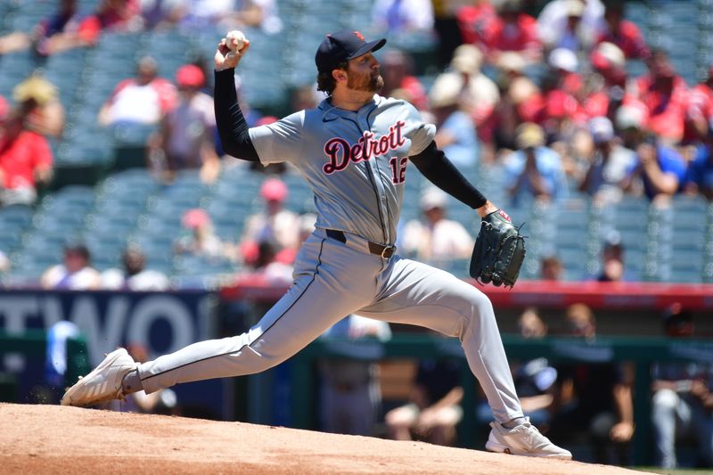 Jun 27, 2024; Anaheim, California, USA; Detroit Tigers pitcher Casey Mize (12) throws against the Los Angeles Angels during the first inning at Angel Stadium. Mandatory Credit: Gary A. Vasquez-USA TODAY Sports