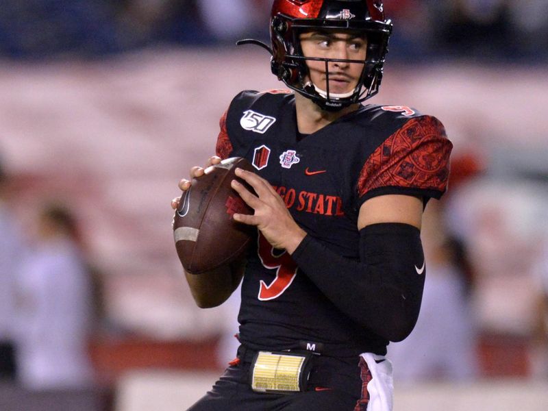 Nov 9, 2019; San Diego, CA, USA; San Diego State Aztecs quarterback Ryan Agnew (9) looks to pass during the first quarter against the Nevada Wolf Pack at SDCCU Stadium. Mandatory Credit: Jake Roth-USA TODAY Sports