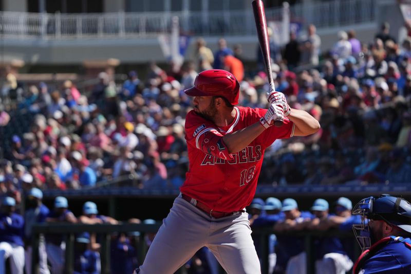 Mar 4, 2024; Surprise, Arizona, USA; Los Angeles Angels first baseman Nolan Schanuel (18) bats against the Texas Rangers during the first inning at Surprise Stadium. Mandatory Credit: Joe Camporeale-USA TODAY Sports