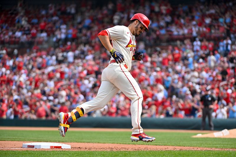 May 6, 2023; St. Louis, Missouri, USA;  St. Louis Cardinals third baseman Nolan Arenado (28) runs the bases after hitting a two run home run against the Detroit Tigers during the fifth inning at Busch Stadium. Mandatory Credit: Jeff Curry-USA TODAY Sports