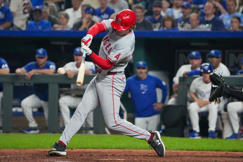 Aug 19, 2024; Kansas City, Missouri, USA; Los Angeles Angels center fielder Mickey Moniak (16) singles against the Kansas City Royals in the seventh inning at Kauffman Stadium. Mandatory Credit: Denny Medley-USA TODAY Sports