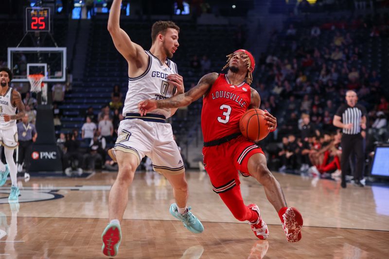 Feb 25, 2023; Atlanta, Georgia, USA; Georgia Tech Yellow Jackets guard Lance Terry (0) defends Louisville Cardinals guard El Ellis (3) in the first half at McCamish Pavilion. Mandatory Credit: Brett Davis-USA TODAY Sports