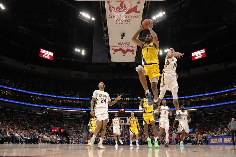 CHICAGO, IL - NOVEMBER 1: Obi Toppin #1 of the Indiana Pacers drives to the basket during the game against the New Orleans Pelicans on November 1, 2024 at Smoothie King Center in New Orleans, Louisiana. NOTE TO USER: User expressly acknowledges and agrees that, by downloading and or using this photograph, User is consenting to the terms and conditions of the Getty Images License Agreement. Mandatory Copyright Notice: Copyright 2024 NBAE (Photo by Jeff Haynes/NBAE via Getty Images)