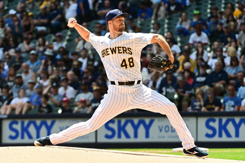 May 28, 2023; Milwaukee, Wisconsin, USA; Milwaukee Brewers pitcher Colin Rea (48) pitches against the San Francisco Giants in the first inning at American Family Field. Mandatory Credit: Benny Sieu-USA TODAY Sports