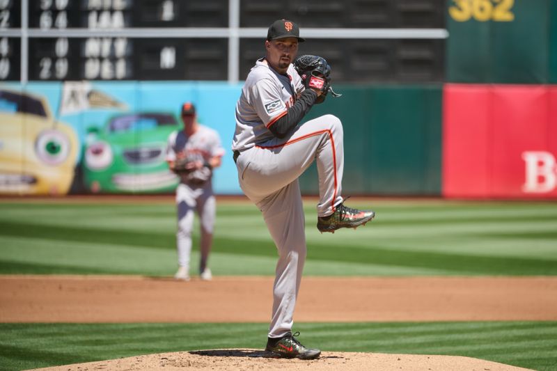 Aug 18, 2024; Oakland, California, USA; San Francisco Giants starting pitcher Blake Snell (7) throws a pitch against the Oakland Athletics during the first inning at Oakland-Alameda County Coliseum. Mandatory Credit: Robert Edwards-USA TODAY Sports