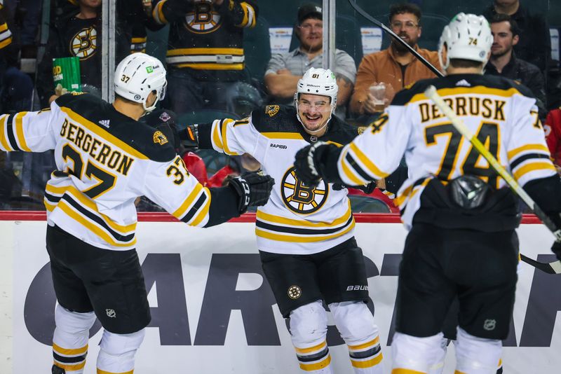 Feb 28, 2023; Calgary, Alberta, CAN; Boston Bruins defenseman Dmitry Orlov (81) celebrates his goal with teammates against the Calgary Flames during the first period at Scotiabank Saddledome. Mandatory Credit: Sergei Belski-USA TODAY Sports