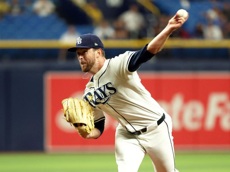 Sep 3, 2024; St. Petersburg, Florida, USA;  Tampa Bay Rays starting pitcher Jeffrey Springs (59) throws a pitch against the Tampa Bay Rays during the first inning at Tropicana Field. Mandatory Credit: Kim Klement Neitzel-Imagn Images