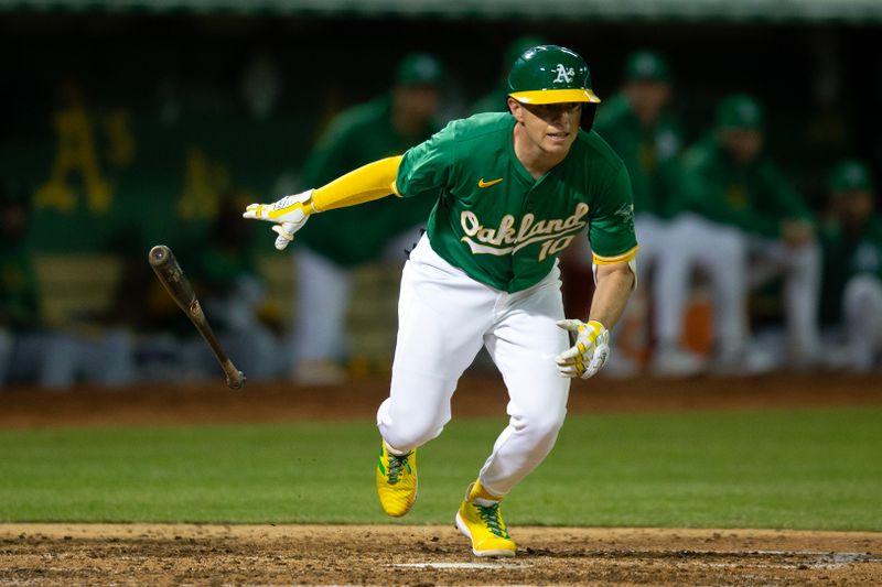 Apr 2, 2024; Oakland, California, USA; Oakland Athletics infielder Nick Allen (10) runs to first base after striking out and having the ball get past Boston Red Sox catcher Connor Wong during the fifth inning at Oakland-Alameda County Coliseum. Mandatory Credit: D. Ross Cameron-USA TODAY Sports