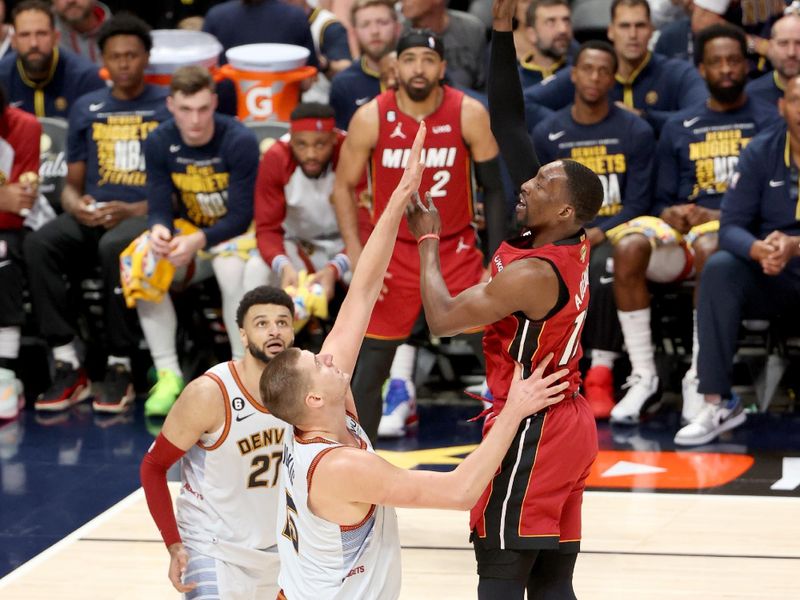 DENVER, CO - JUNE 12:  Bam Adebayo #13 of the Miami Heat goes to the basket during Game Five of the 2023 NBA Finals against the Denver Nuggets on June 12, 2023 at Ball Arena in Denver, Colorado. NOTE TO USER: User expressly acknowledges and agrees that, by downloading and or using this Photograph, user is consenting to the terms and conditions of the Getty Images License Agreement. Mandatory Copyright Notice: Copyright 2023 NBAE (Photo by Joe Murphy/NBAE via Getty Images)