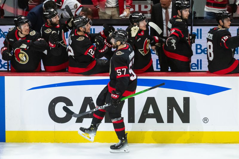 May 1, 2025; Ottawa, Ontario, CAN; Ottawa Senators left wing David Perron (57) celebrates with team his goal scored in game six of the first round of the 2025 Stanley Cup Playoffs against the Toronto Maple Leafs at Canadian Tire Centre. Mandatory Credit: Marc DesRosiers-Imagn Images