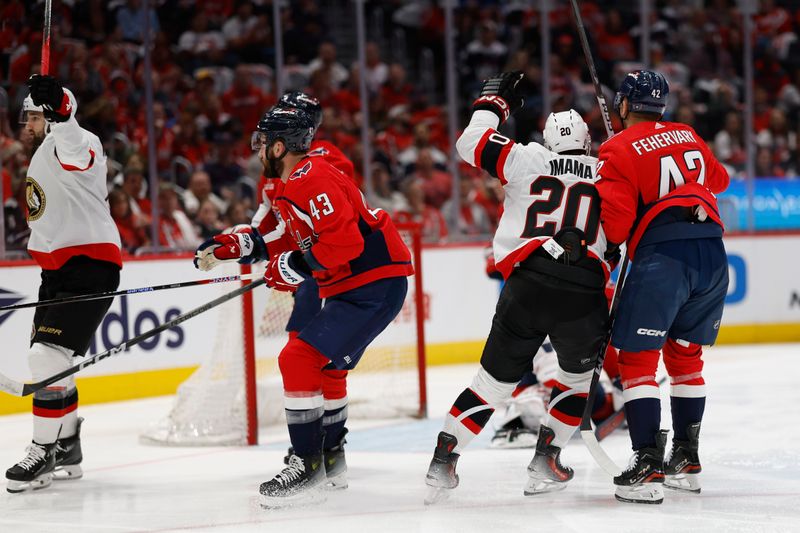 Apr 7, 2024; Washington, District of Columbia, USA; Ottawa Senators center Mark Kastelic (12) celebrates after scoring a goal against the Washington Capitals in the second period at Capital One Arena. Mandatory Credit: Geoff Burke-USA TODAY Sports