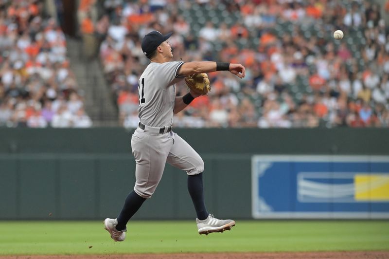 Jul 29, 2023; Baltimore, Maryland, USA;  New York Yankees shortstop Anthony Volpe (11) throws to first base on the run during the second inning against the Baltimore Orioles at Oriole Park at Camden Yards. Mandatory Credit: Tommy Gilligan-USA TODAY Sports