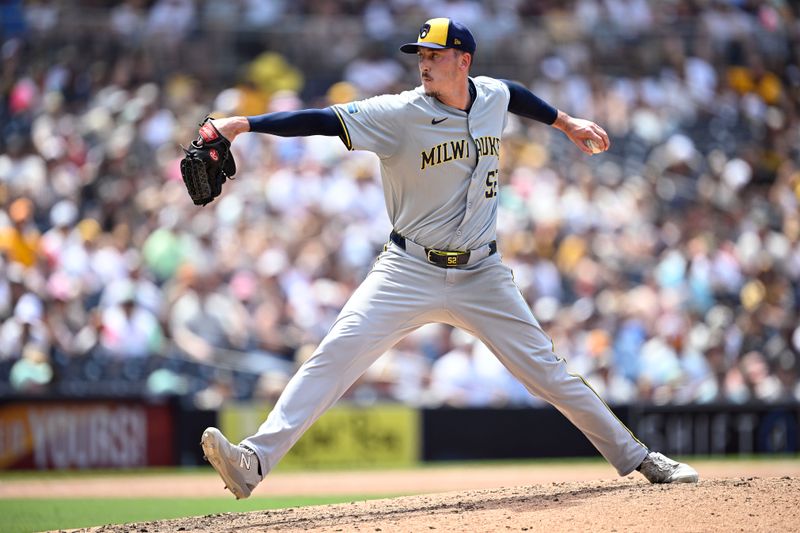 Jun 23, 2024; San Diego, California, USA; Milwaukee Brewers relief pitcher Bryan Hudson (52) pitches against the San Diego Padres during the sixth inning at Petco Park. Mandatory Credit: Orlando Ramirez-USA TODAY Sports