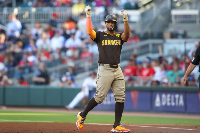 May 19, 2024; Atlanta, Georgia, USA; San Diego Padres second baseman Xander Bogaerts (2) reacts after a single against the Atlanta Braves in the first inning at Truist Park. Mandatory Credit: Brett Davis-USA TODAY Sports