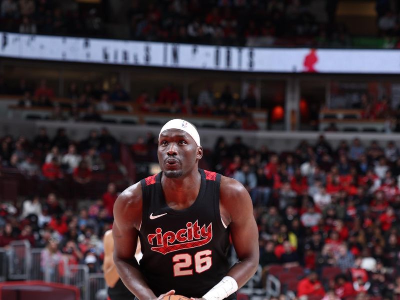 CHICAGO, IL - MARCH 18:  Duop Reath #26 of the Portland Trail Blazers shoots a free throw during the game against the Chicago Bulls on March 18, 2024 at United Center in Chicago, Illinois. NOTE TO USER: User expressly acknowledges and agrees that, by downloading and or using this photograph, User is consenting to the terms and conditions of the Getty Images License Agreement. Mandatory Copyright Notice: Copyright 2024 NBAE (Photo by Jeff Haynes/NBAE via Getty Images)