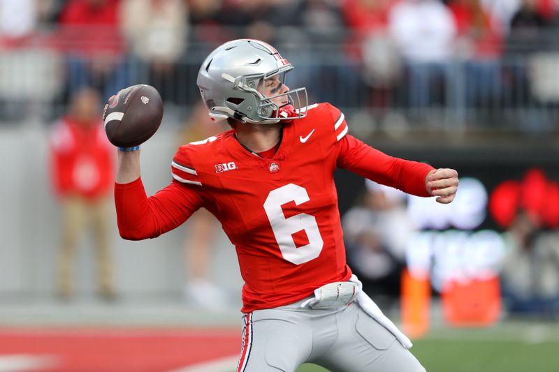 Oct 7, 2023; Columbus, Ohio, USA;  Ohio State Buckeyes quarterback Kyle McCord (6) drops back to throw during the second quarter against the Maryland Terrapins at Ohio Stadium. Mandatory Credit: Joseph Maiorana-USA TODAY Sports