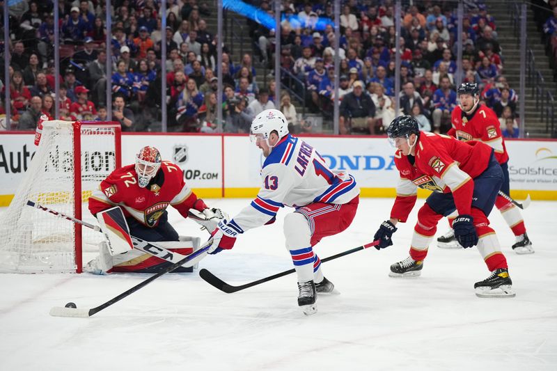 Dec 29, 2023; Sunrise, Florida, USA; New York Rangers left wing Alexis Lafreniere (13) plays the puck in front of Florida Panthers goaltender Sergei Bobrovsky (72) and defenseman Dmitry Kulikov (7) during the first period at Amerant Bank Arena. Mandatory Credit: Jasen Vinlove-USA TODAY Sports