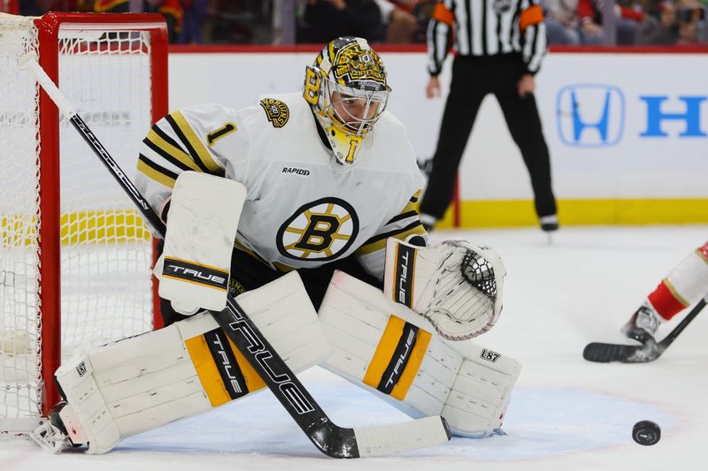 May 6, 2024; Sunrise, Florida, USA; Boston Bruins goaltender Jeremy Swayman (1) defends his net against the Florida Panthers during the second period in game one of the second round of the 2024 Stanley Cup Playoffs at Amerant Bank Arena. Mandatory Credit: Sam Navarro-USA TODAY Sports