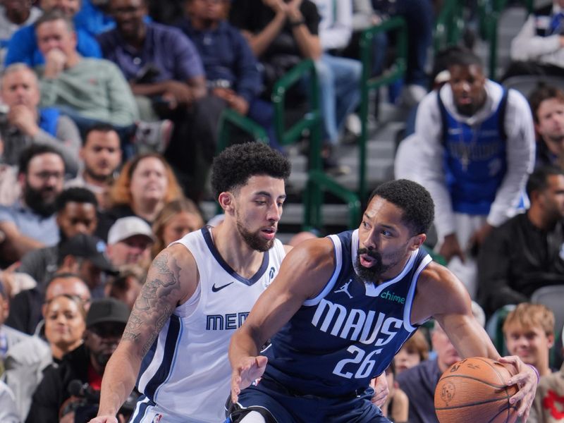 DALLAS, TX - DECEMBER 3: Spencer Dinwiddie #26 of the Dallas Mavericks dribbles the ball during the game against the Memphis Grizzlies during a Emirates NBA Cup game on December 3, 2024 at American Airlines Center in Dallas, Texas. NOTE TO USER: User expressly acknowledges and agrees that, by downloading and or using this photograph, User is consenting to the terms and conditions of the Getty Images License Agreement. Mandatory Copyright Notice: Copyright 2024 NBAE (Photo by Glenn James/NBAE via Getty Images)