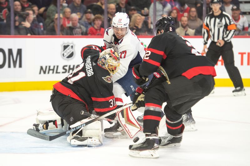 Oct 18, 2023; Ottawa, Ontario, CAN; Ottawa Senators goalie Anton Forsberg (31) makes a save in front of Washington Capitals center Dylan Strome (17) in the second period at the Canadian Tire Centre. Mandatory Credit: Marc DesRosiers-USA TODAY Sports