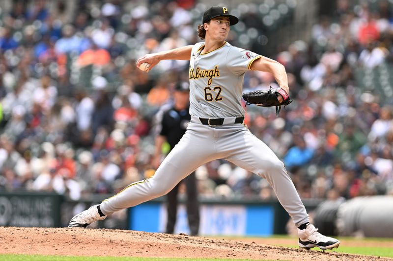 May 29, 2024; Detroit, Michigan, USA;  Pittsburgh Pirates pitcher Kyle Nicolas (62) throws a pitch against the Detroit Tigers in the eighth inning at Comerica Park. Mandatory Credit: Lon Horwedel-USA TODAY Sports